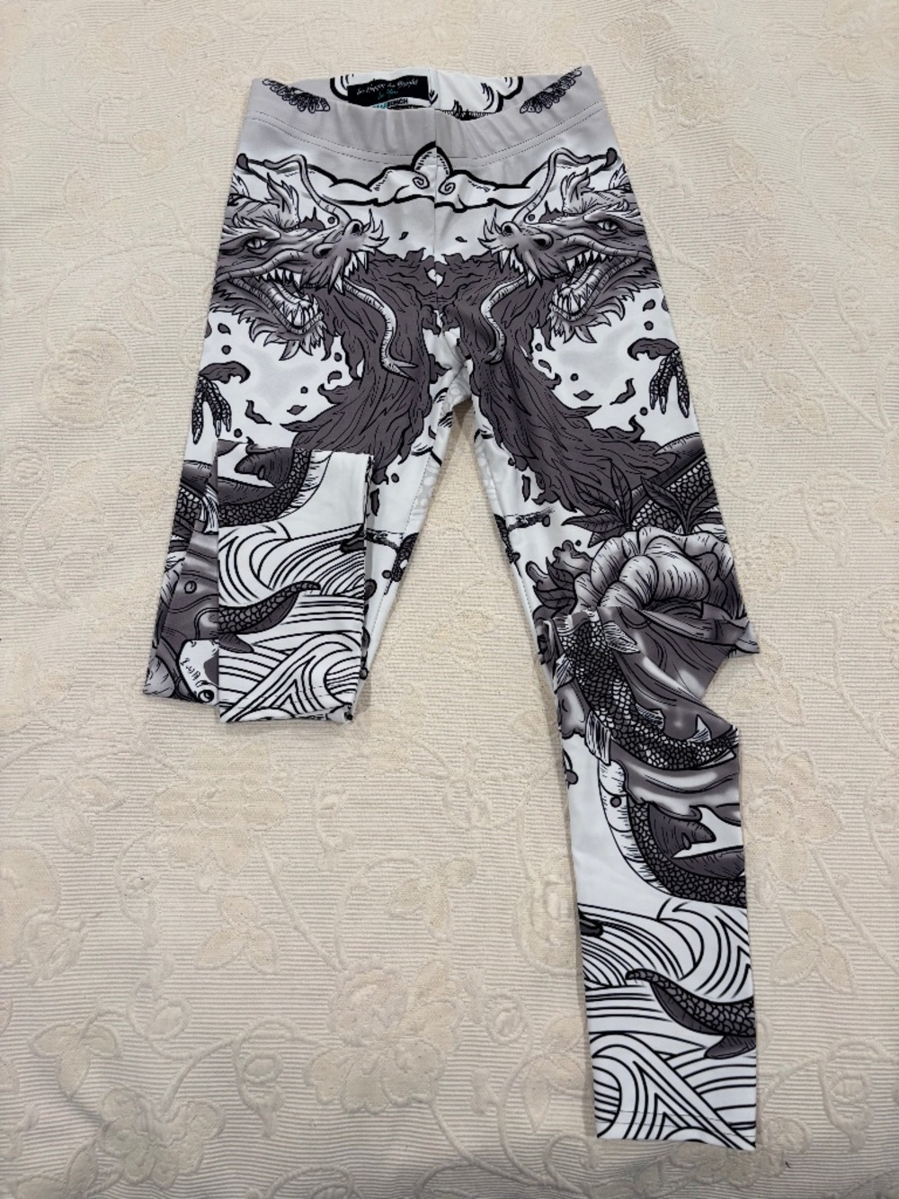 GearBunch White Mythical Dragon Illustration Graphic Print Leggings